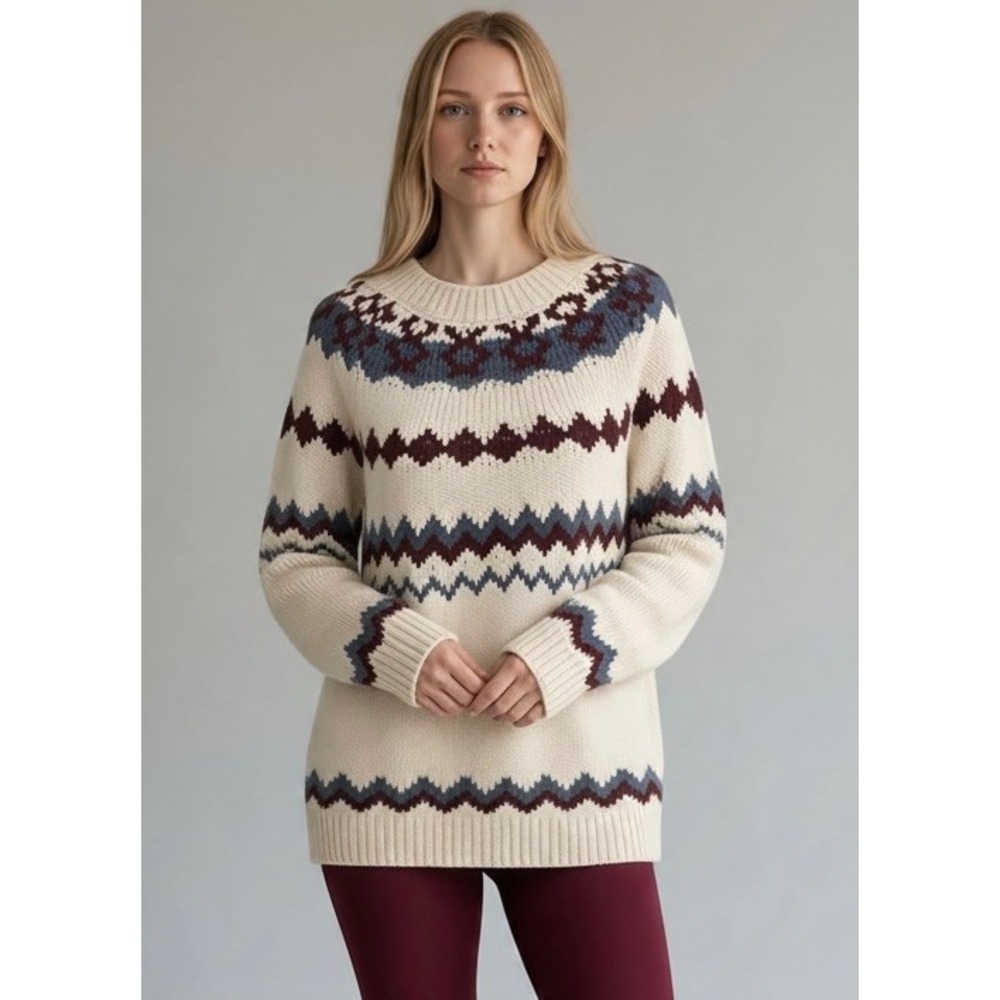 NEW Fair Isle Knit Pullover Sweater Size XL Cream Nordic Geometric Winter